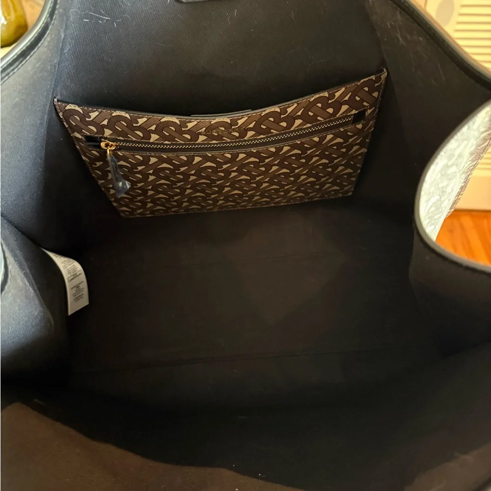 Burberry Brown Monogram Stripe Canvas Tote with White and Red Accents